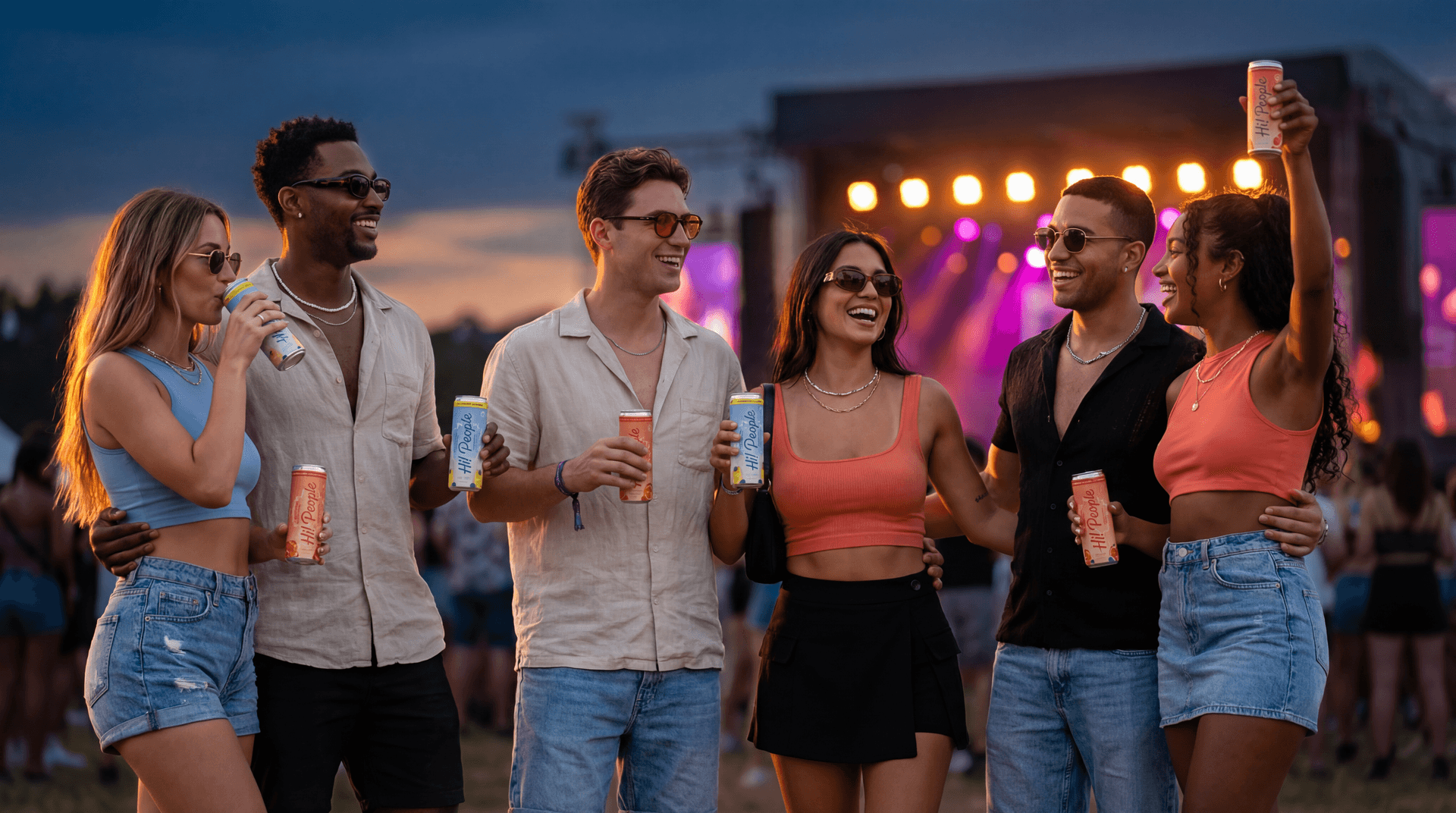 Friends toasting with Hi! People seltzers at a festival