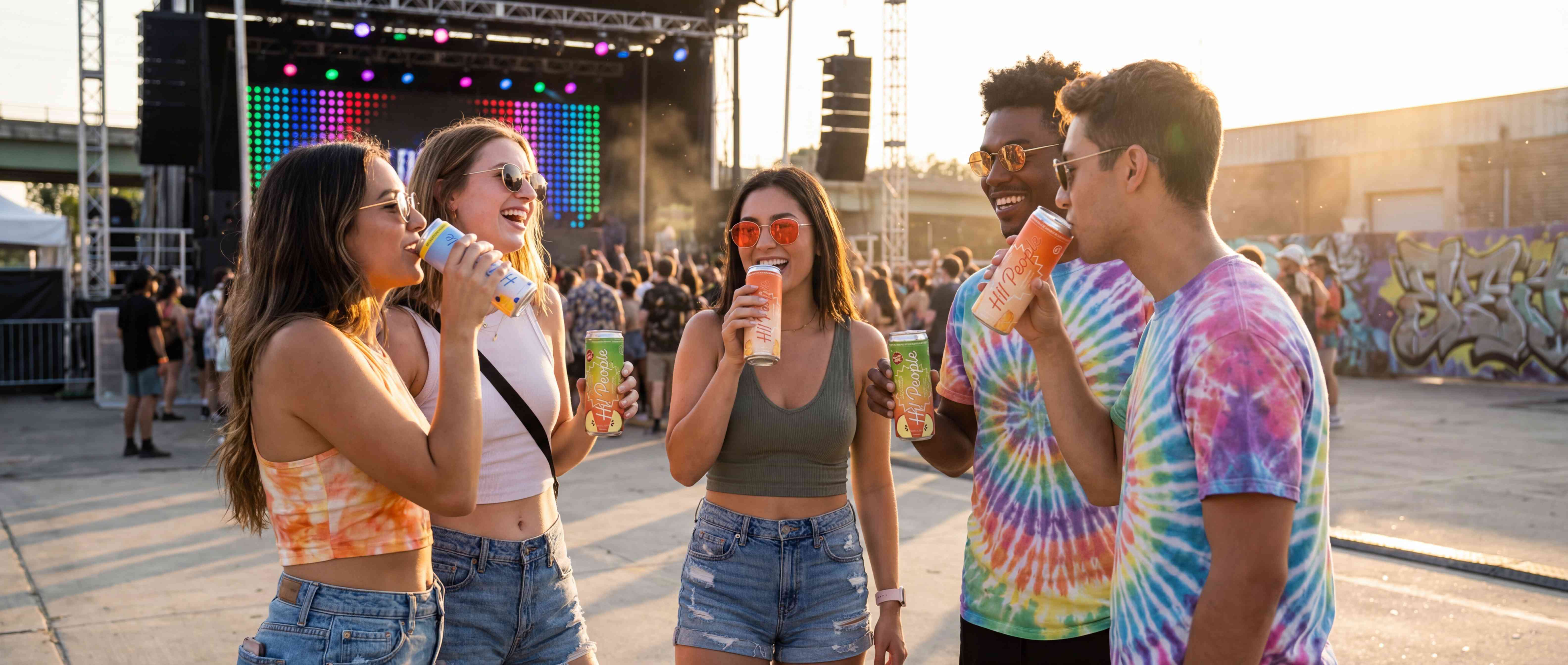 Friends enjoying Hi! People hemp-infused seltzers together at an outdoor music festival during golden hour